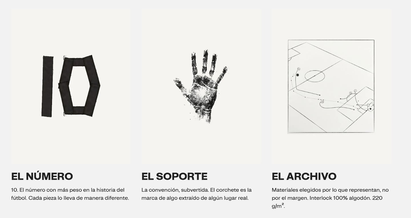 Tres elementos de la colección de moda homenaje a Maradona, incluyendo el número 10, una mano y un diseño abstracto