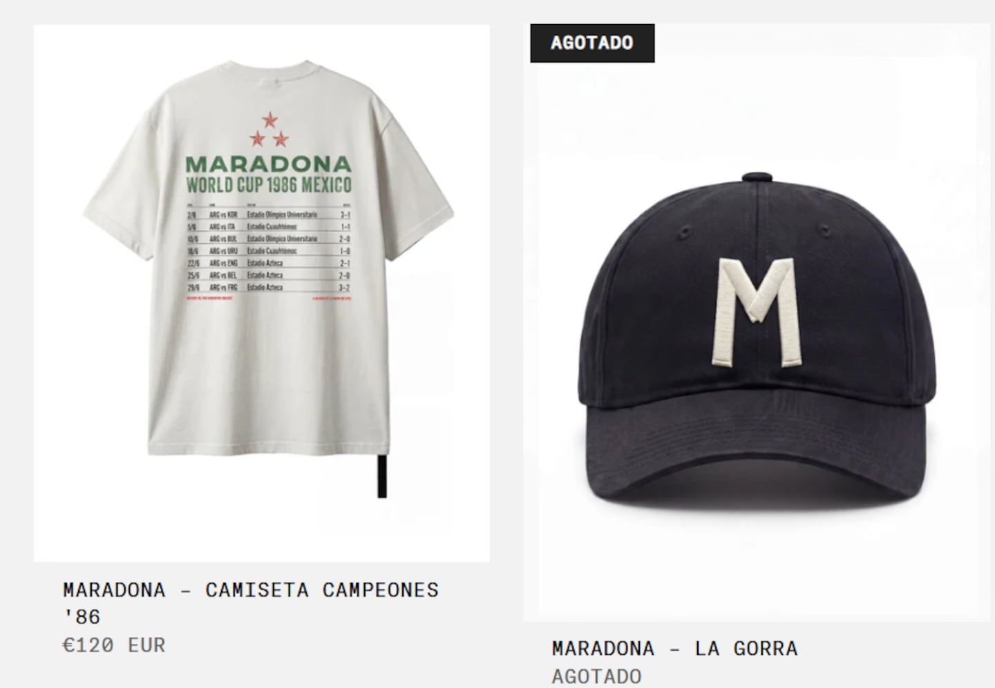 Camiseta y gorra de la colección oficial de moda de Maradona