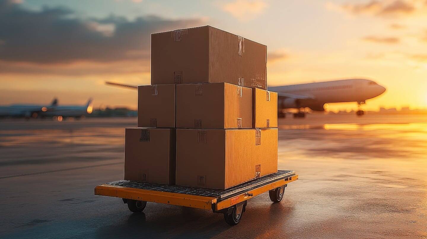 Cajas de importación apiladas en un carrito en un aeropuerto al atardecer