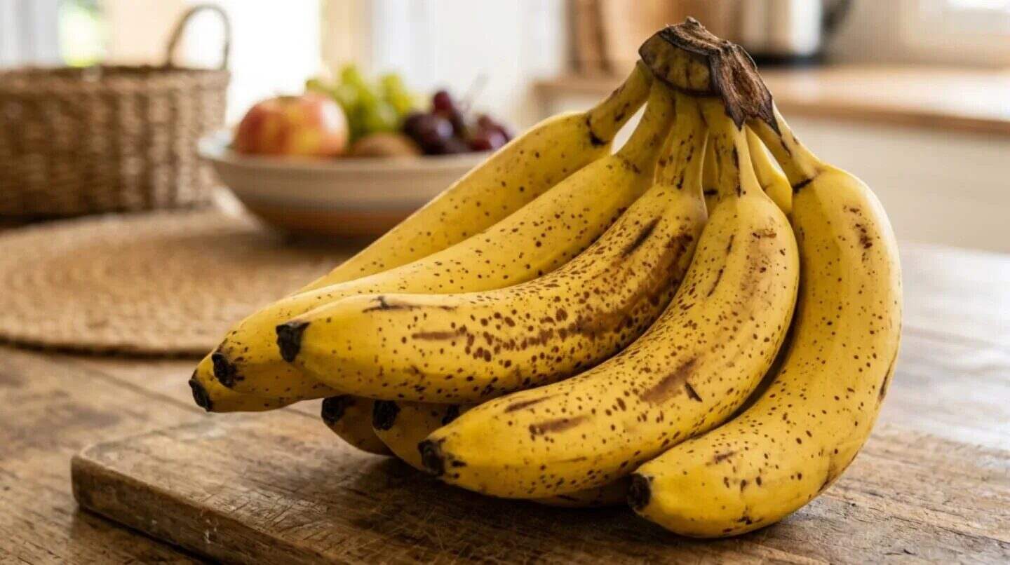 Un racimo de bananas amarillas con manchas marrones sobre una mesa de madera
