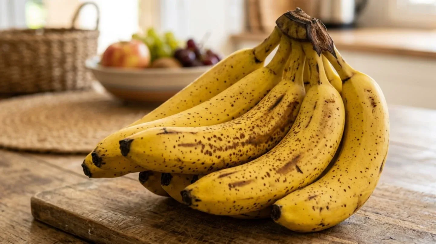 Un racimo de bananas amarillas con manchas marrones sobre una mesa de madera