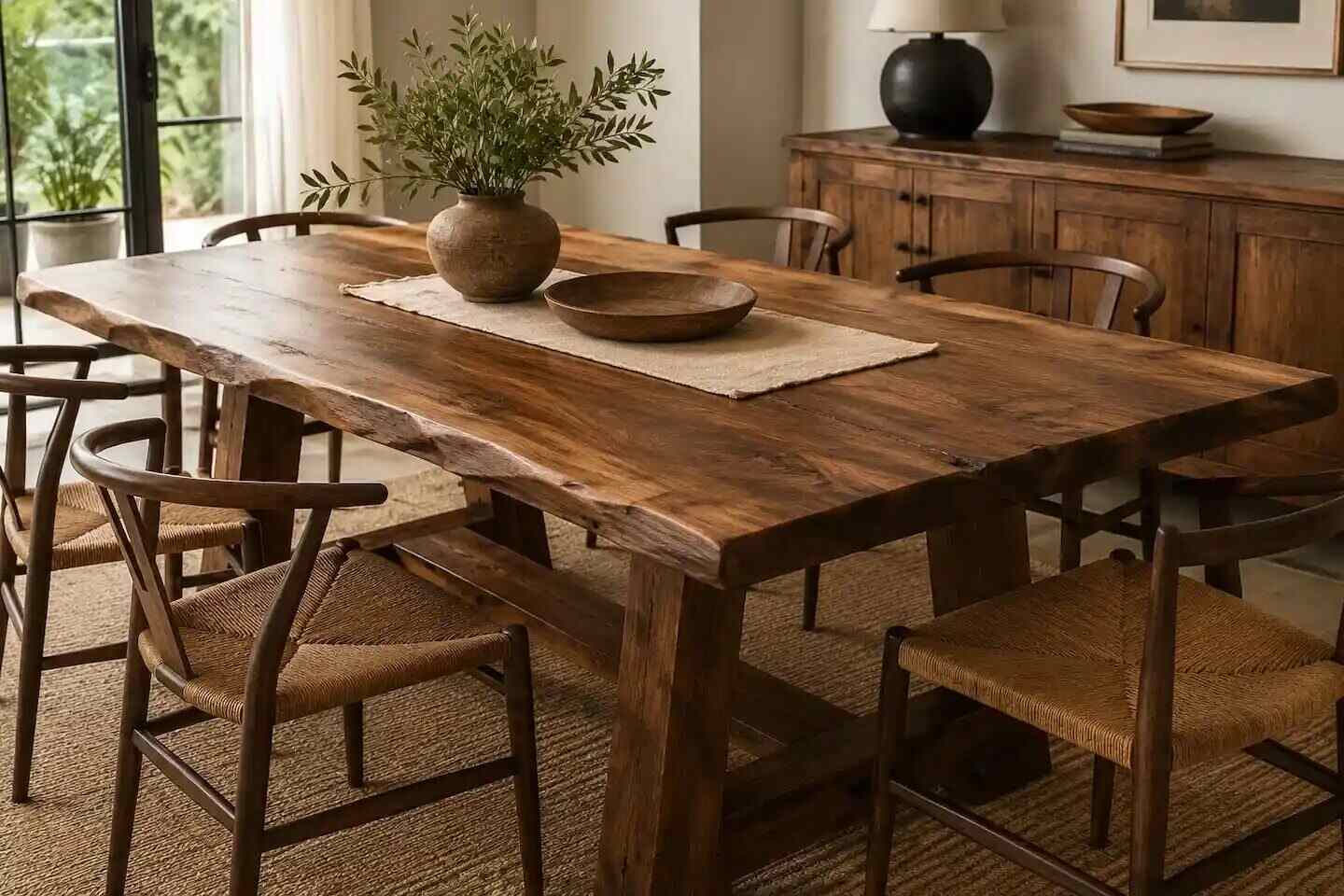 Mesa de madera maciza con sillas en un ambiente acogedor