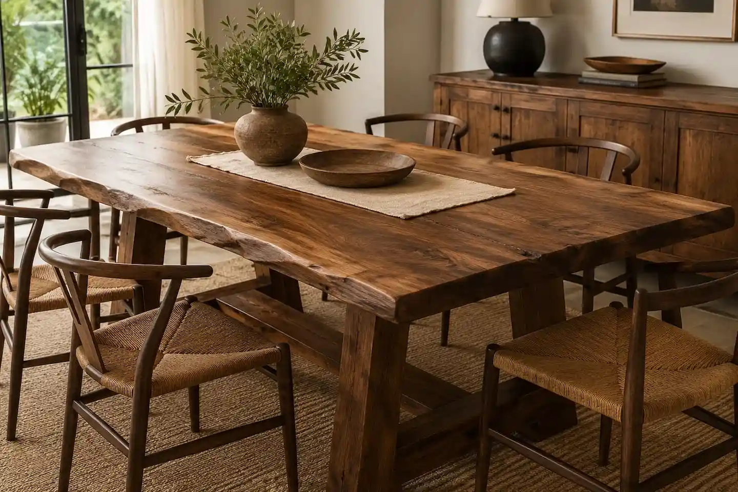 Mesa de madera maciza con sillas en un ambiente acogedor