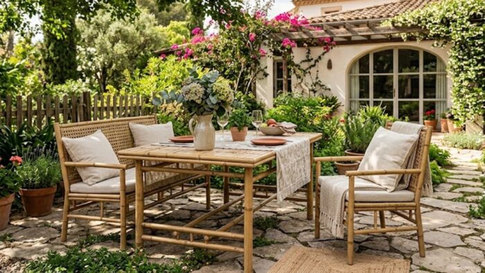 Mesa y sillas de bambú en un jardín argentino decorado con flores
