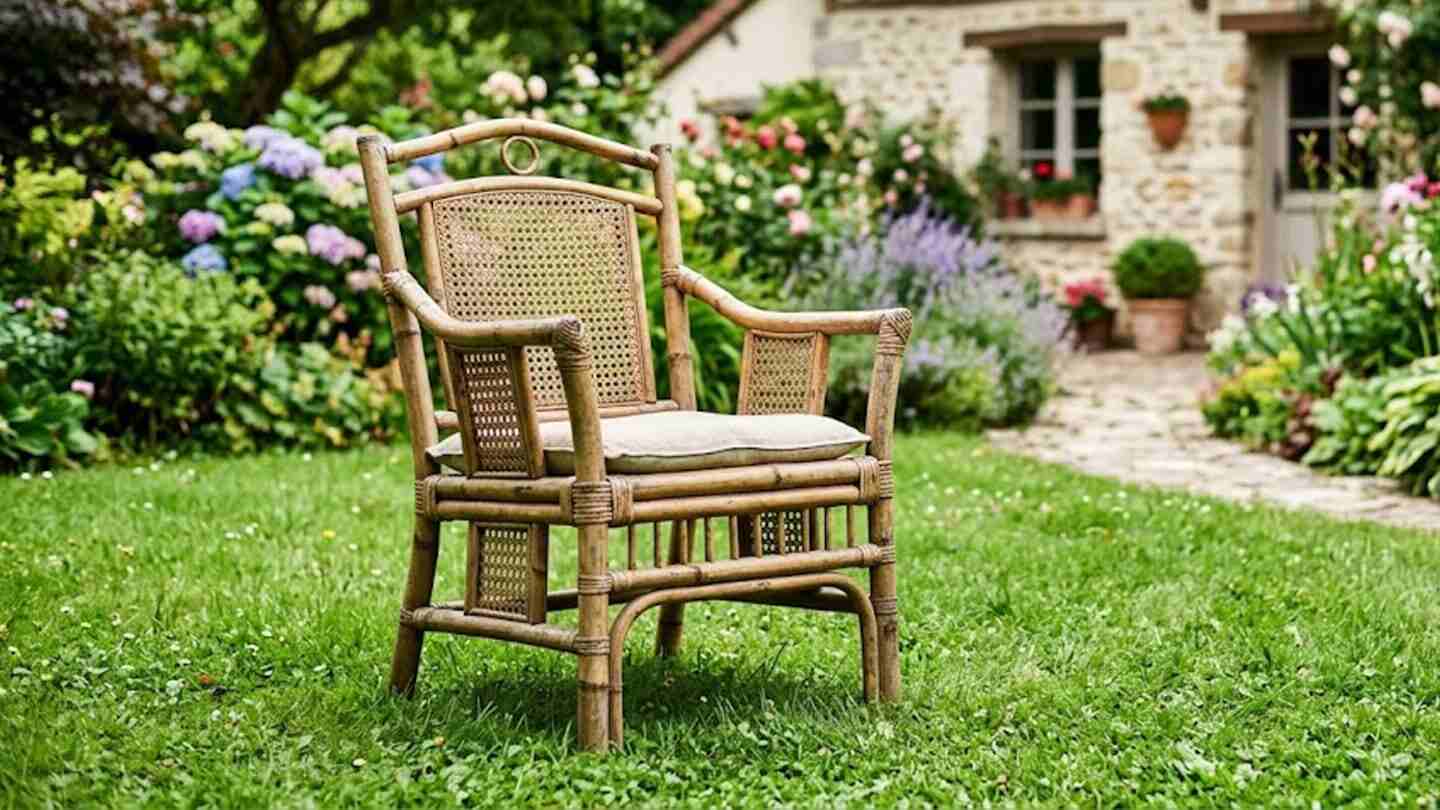 Silla de bambú en un jardín con flores y vegetación