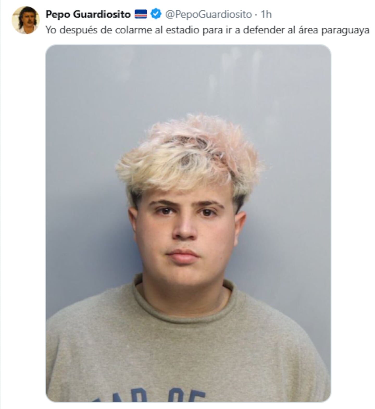 Joven con cabello rubio y castaño claro, posando para una foto de identificación