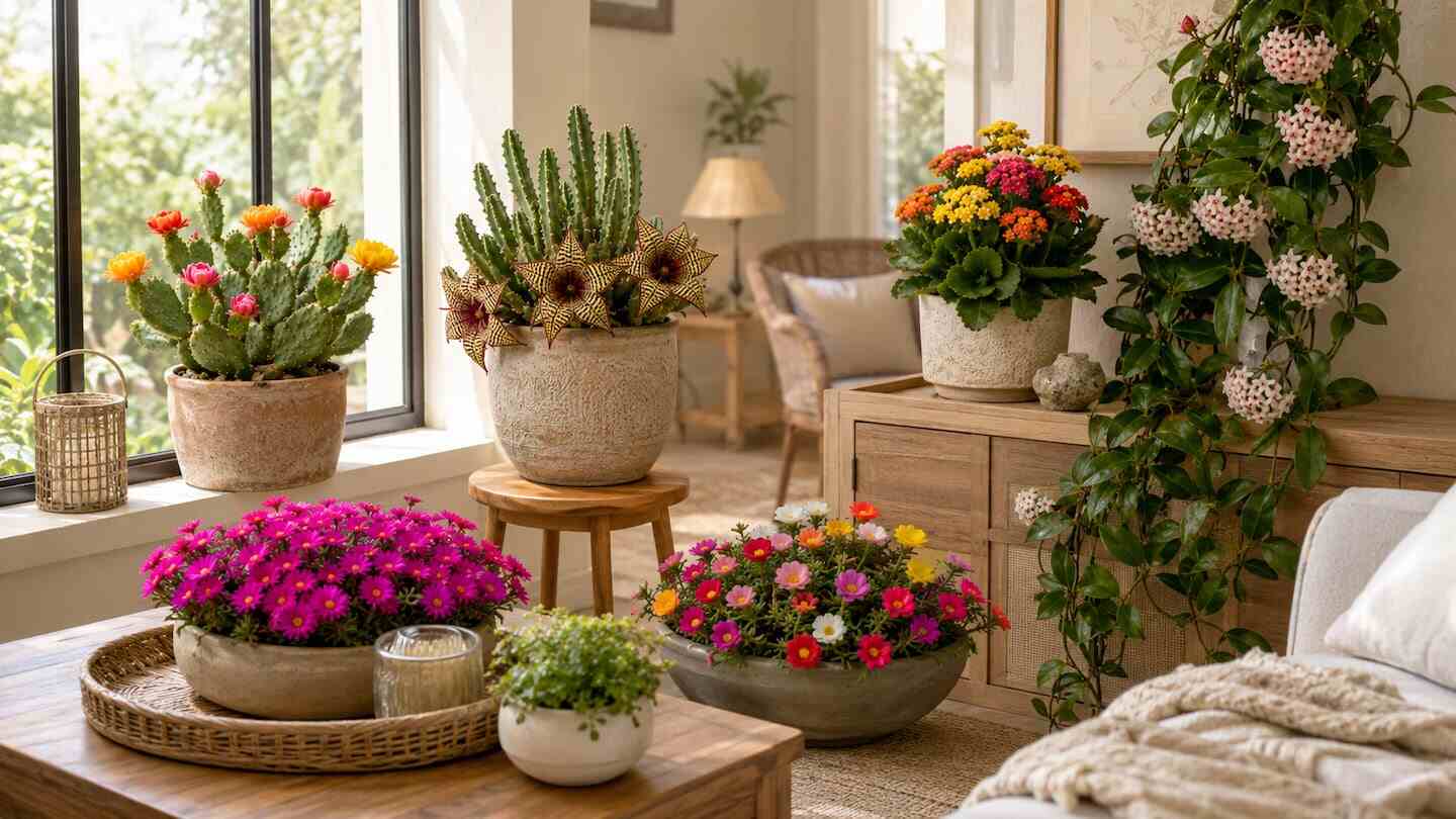 Decoración de interiores con suculentas y plantas coloridas en un ambiente acogedor