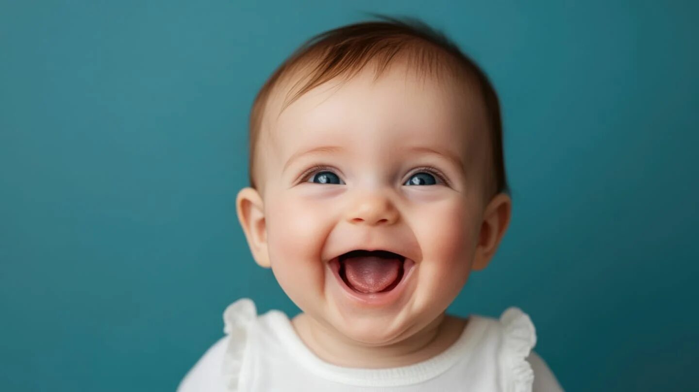 Bebé sonriente con fondo azul