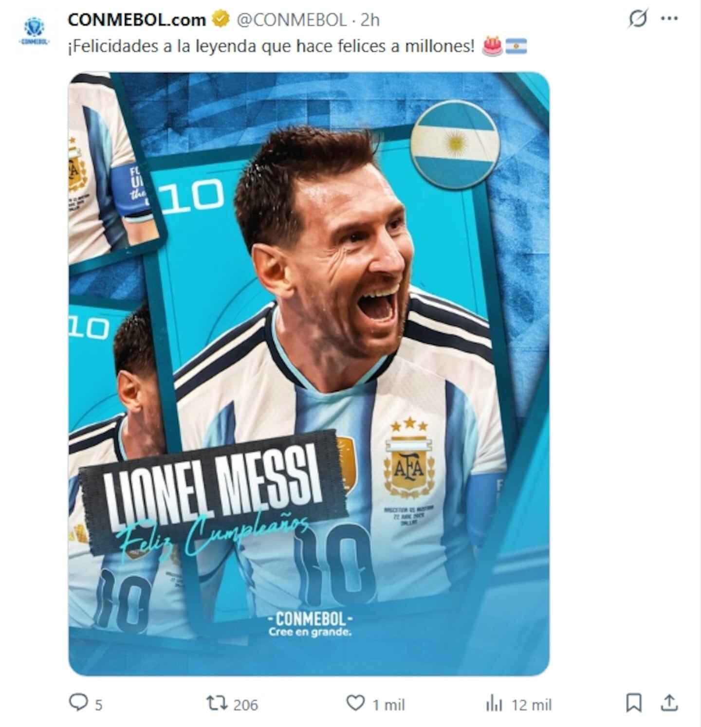 Lionel Messi sonríe en una imagen con motivo de su cumpleaños, vistiendo la camiseta de la selección argentina