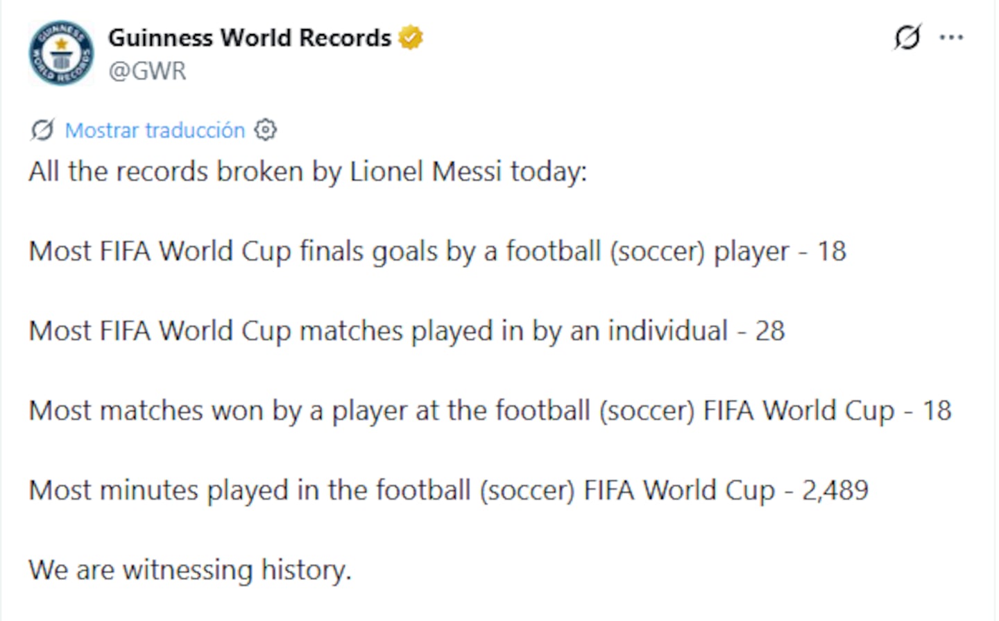 Mensaje de Guinness World Records sobre los récords rotos por Lionel Messi en el Mundial 2026