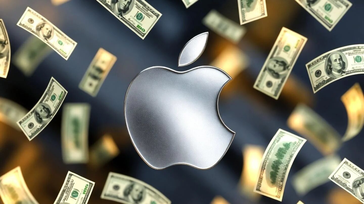 Logotipo de Apple rodeado de billetes de dólar