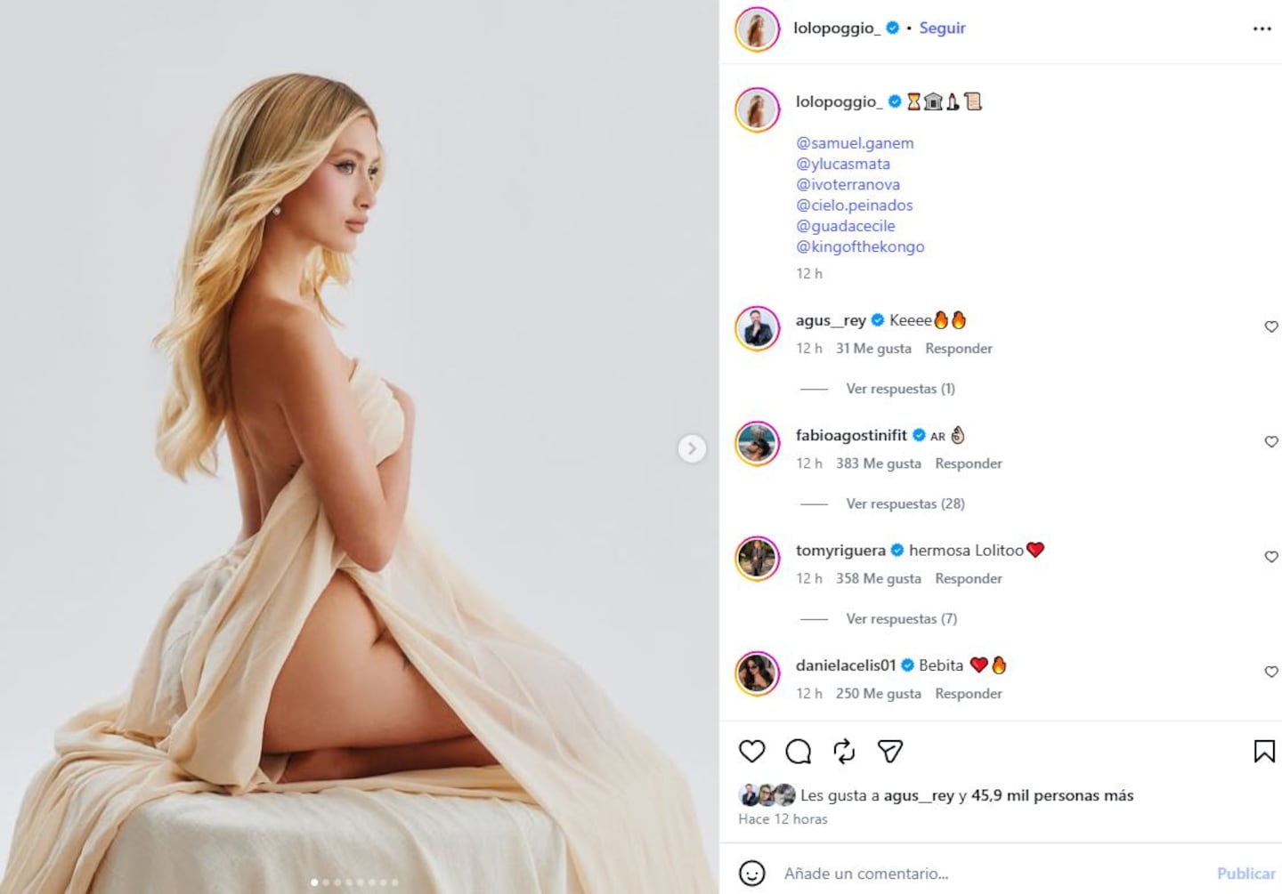 Lolo Poggio posando en una sesión fotográfica con un vestido elegante y un fondo neutro