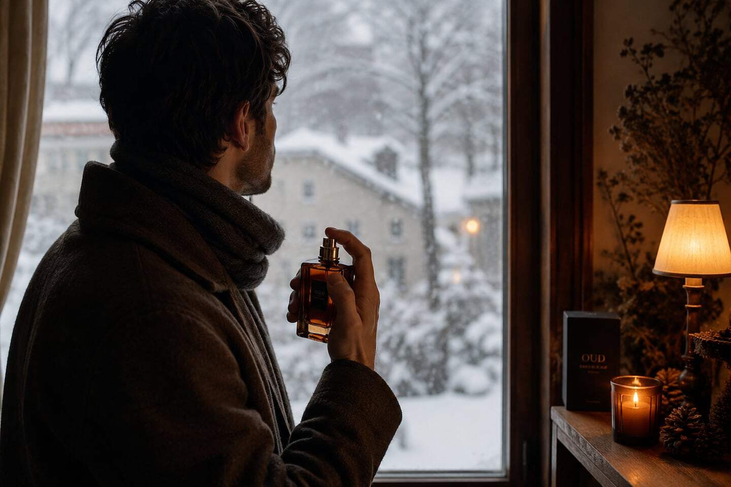 Hombre aplicándose perfume frente a una ventana nevada en invierno