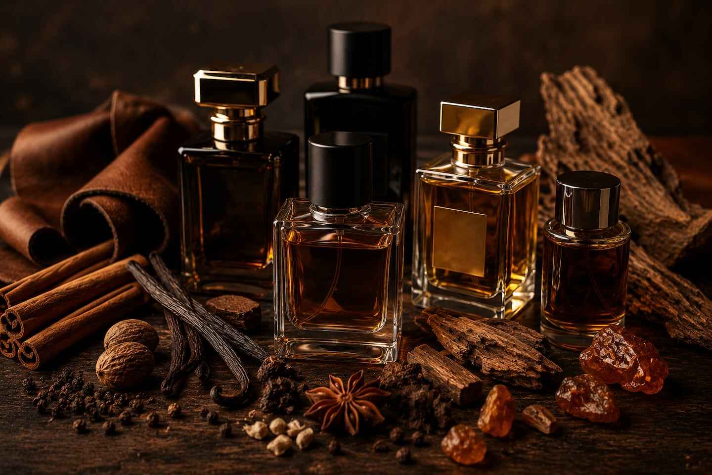 Selección de perfumes para el invierno 2026 sobre una mesa con elementos naturales
