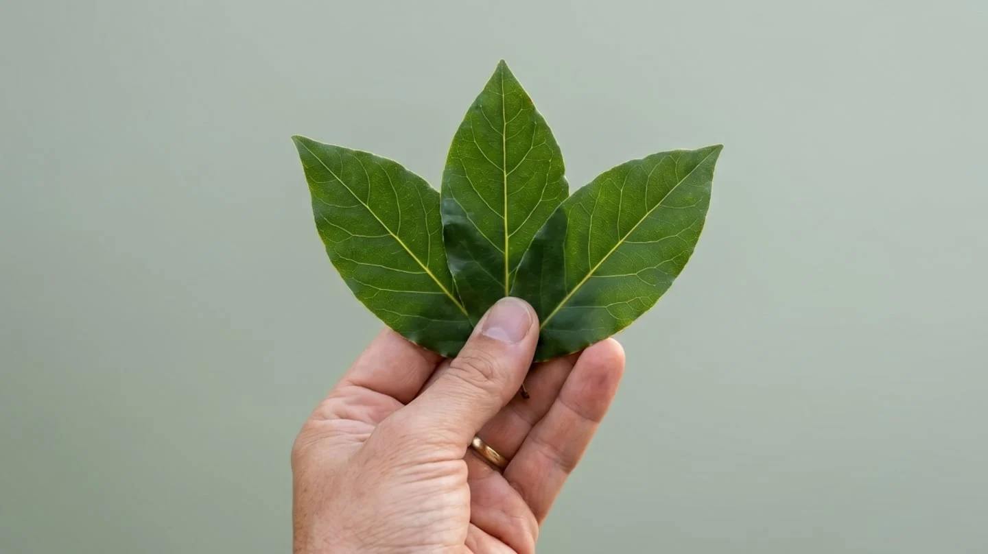 Mano sosteniendo tres hojas de laurel frescas