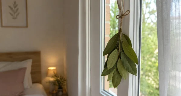 Hojas de laurel colgadas en una ventana