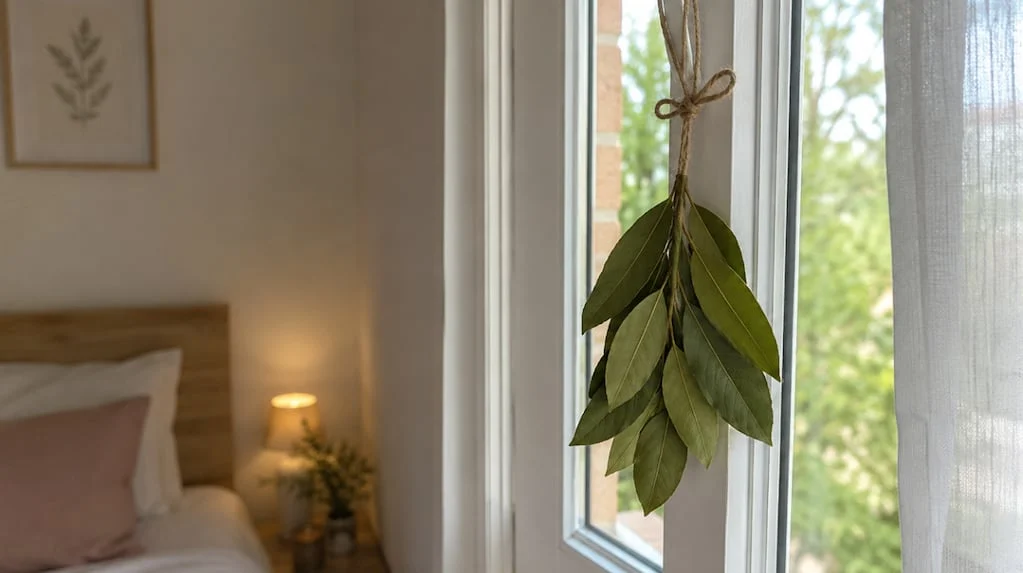 Hojas de laurel colgadas en una ventana