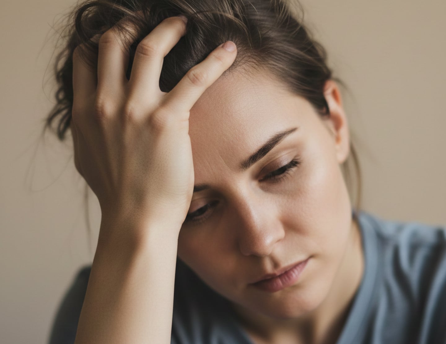 Mujer con expresión de dolor en la cabeza, reflejando malestar por migraña