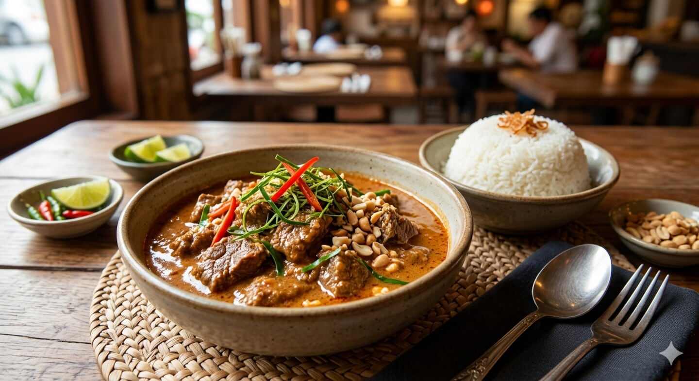 Plato de guiso con carne, arroz y guarniciones en un restaurante