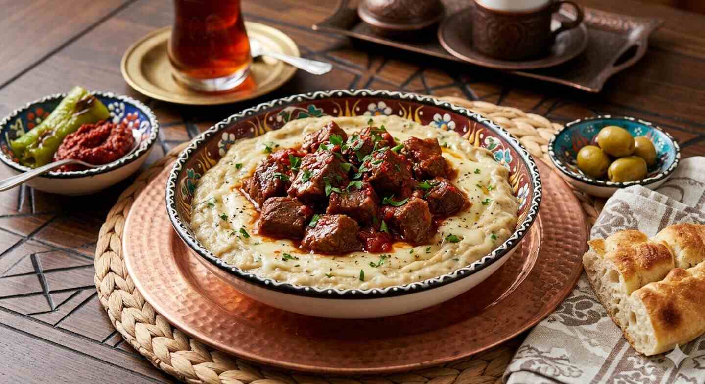 Guiso de carne servido sobre puré con salsa y guarniciones en un plato decorativo