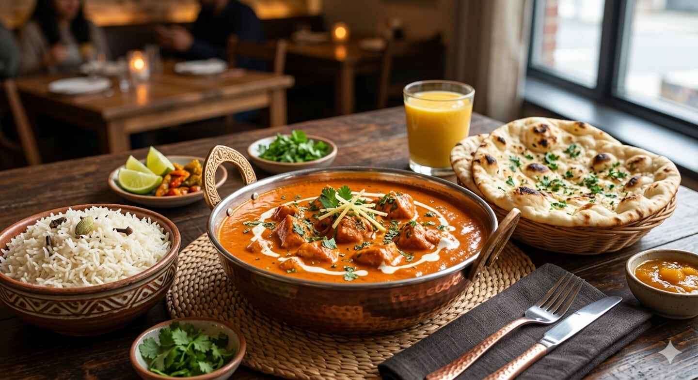 Plato de guiso servido con arroz, pan naan y bebida en un restaurante