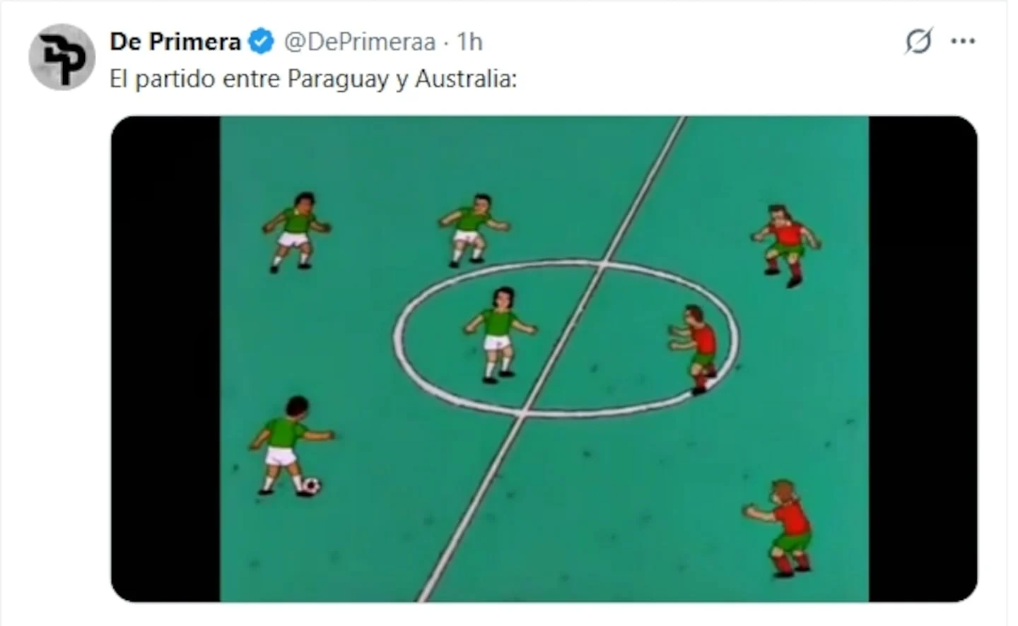 Ilustración de un partido de fútbol entre Paraguay y Australia con personajes animados en el campo