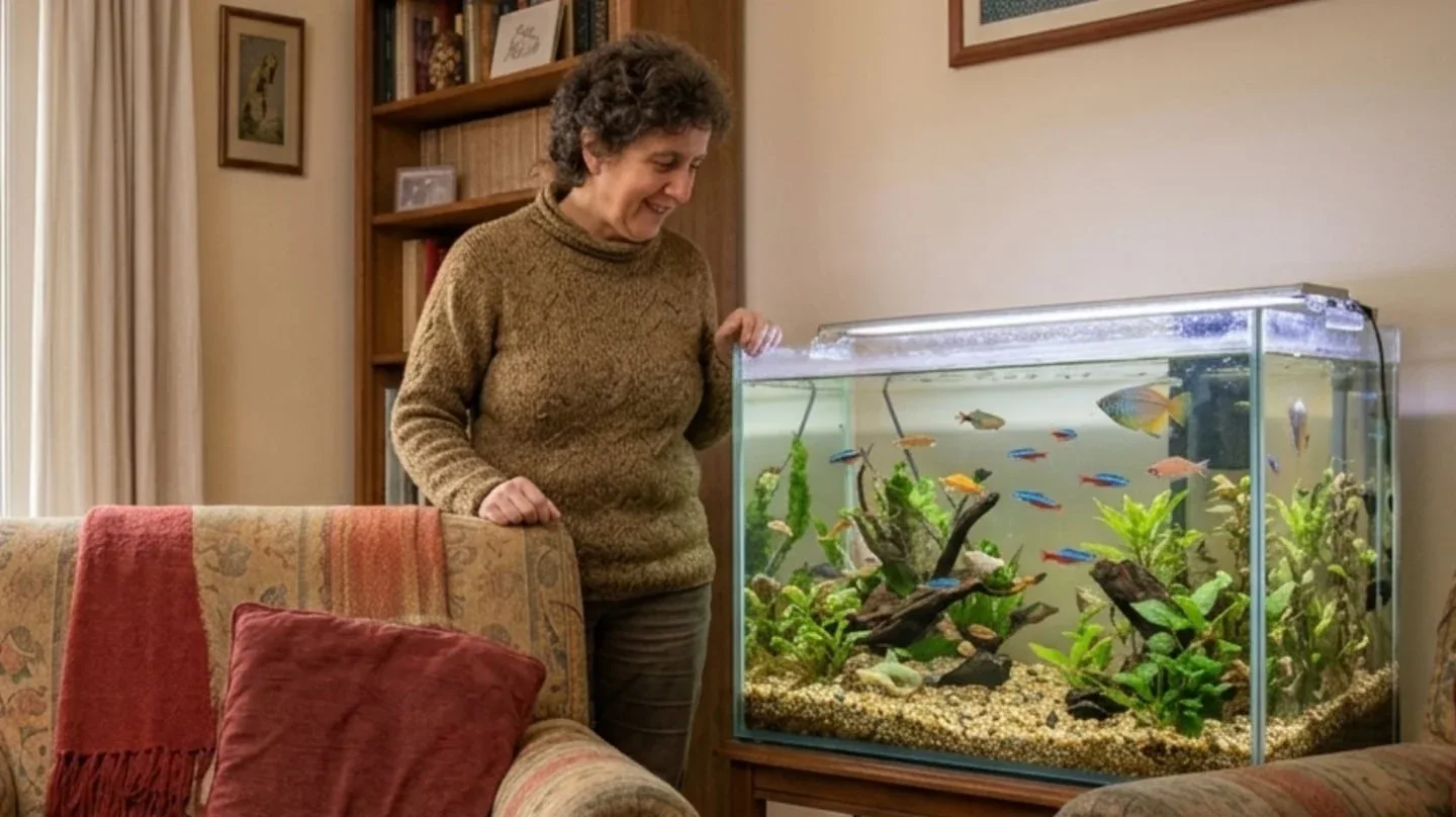Mujer sonriendo frente a un acuario con peces coloridos en una sala de estar