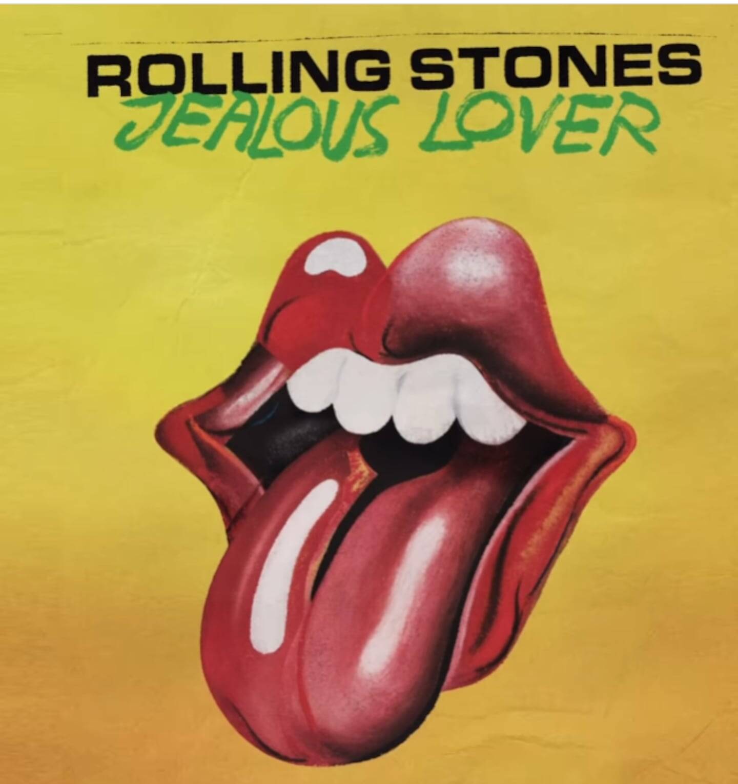 Portada del sencillo 'Jealous Lover' de los Rolling Stones con fondo amarillo y la icónica lengua de la banda