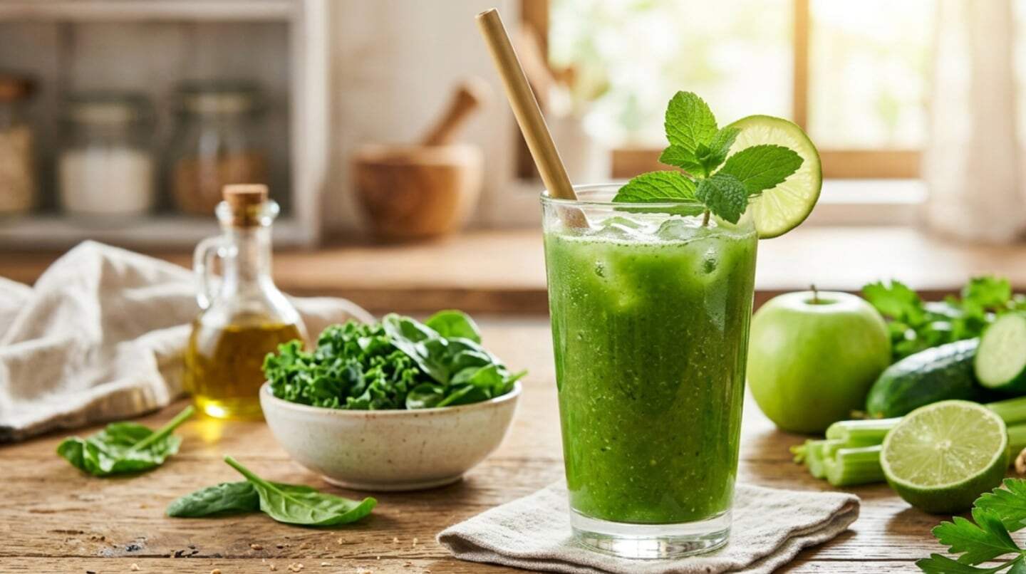 Jugo verde fresco con ingredientes saludables sobre una mesa de madera
