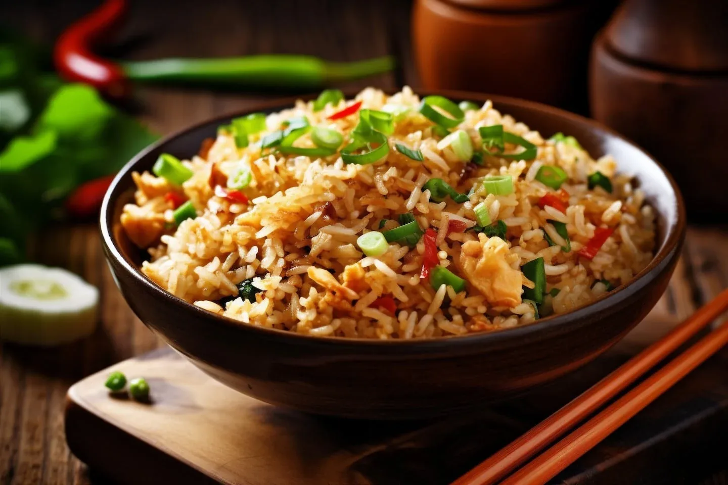 Plato de arroz salteado con verduras y pollo en un tazón de madera