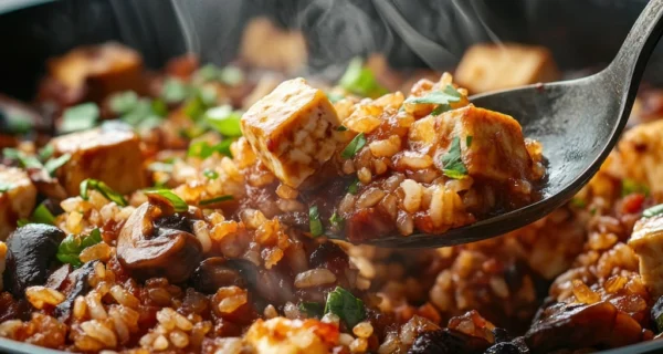 Plato de arroz con morcilla y especias frescas