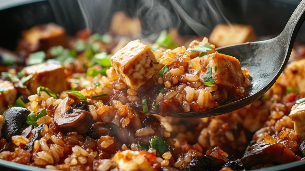 Plato de arroz con morcilla y especias frescas