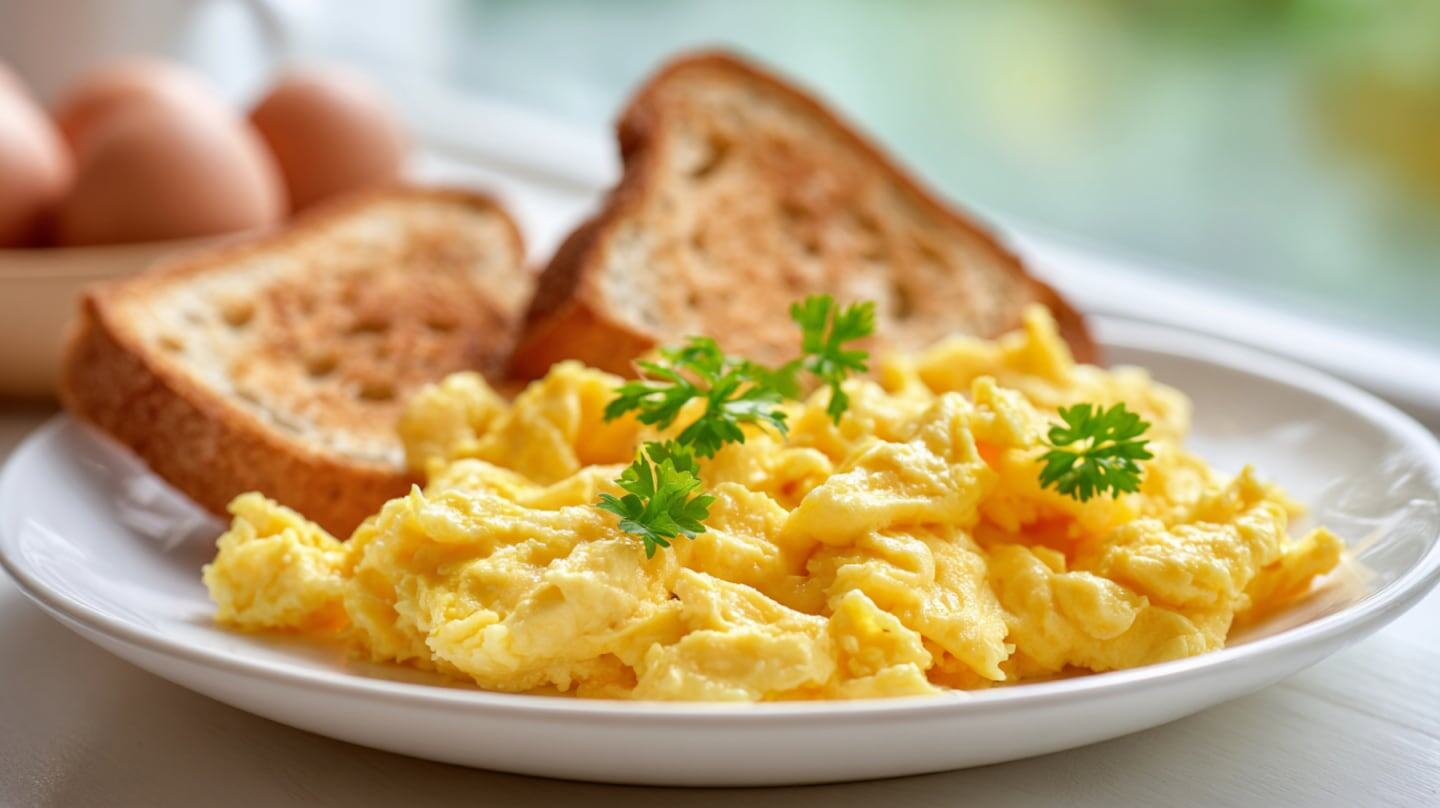 Plato de huevos revueltos con tostadas y decoración de perejil