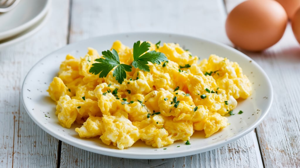 Huevos revueltos cremosos en un plato