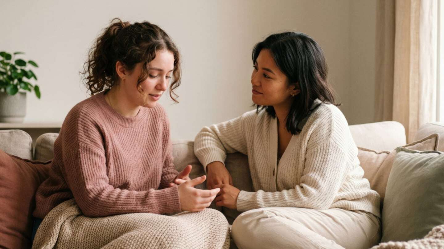Dos mujeres conversando en un sofá, una de ellas desvia la mirada