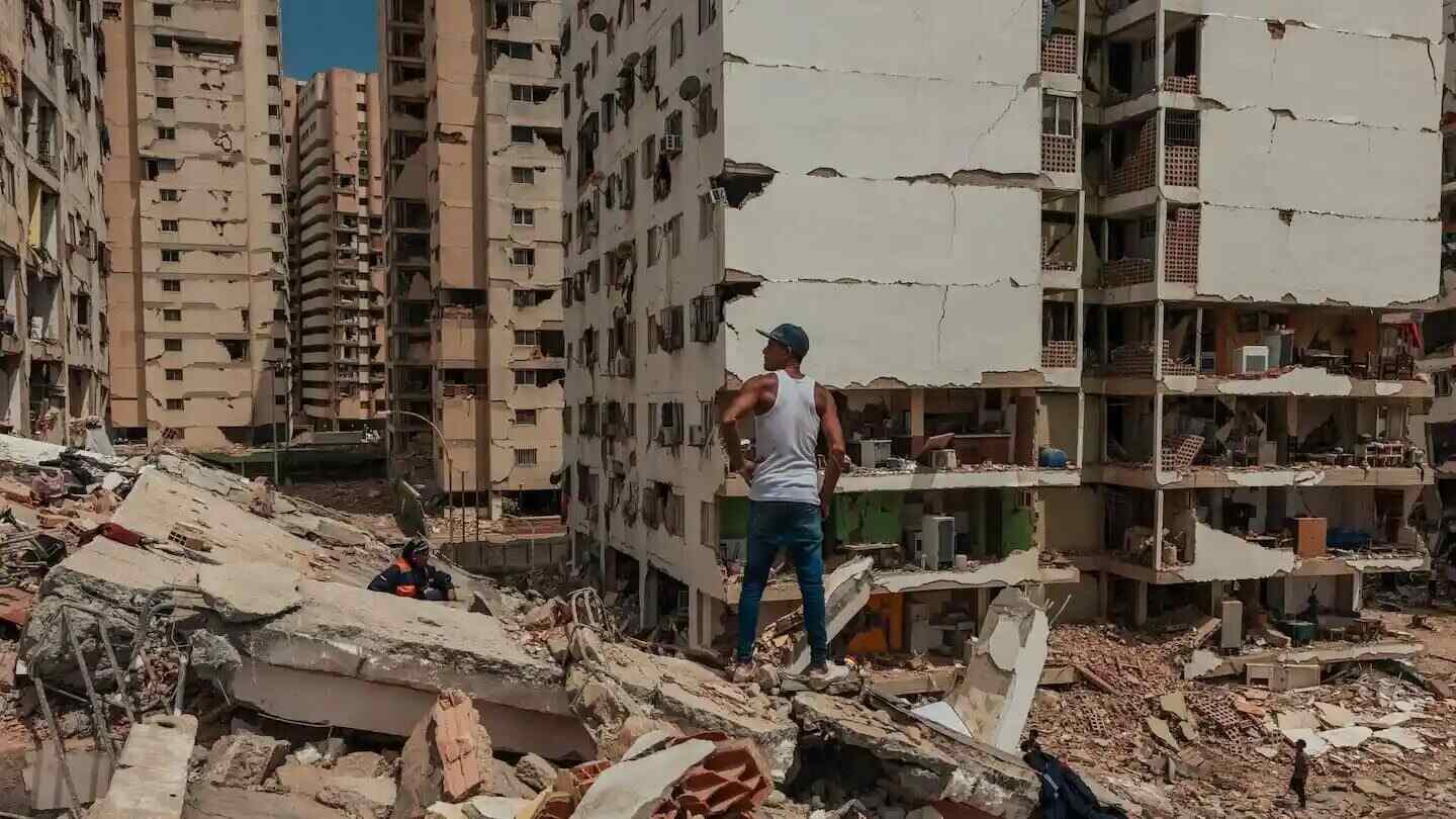 Hombre observando los escombros de un edificio dañado tras el terremoto en Venezuela