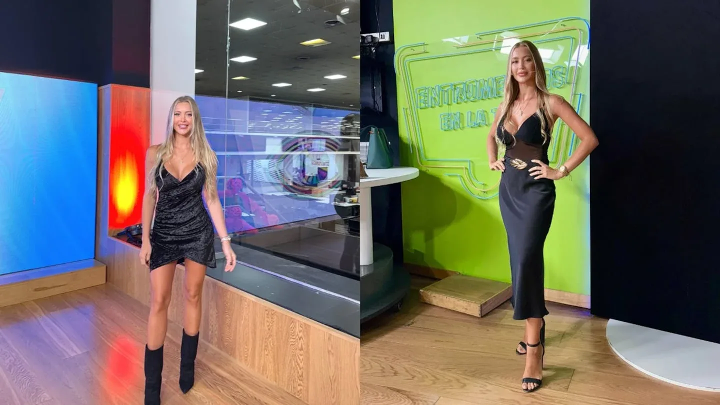 Ludmila Isabella posando en un set de televisión con un vestido negro elegante