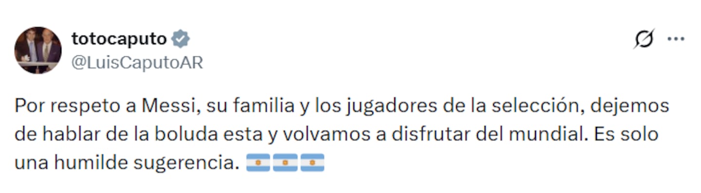 Luis Caputo critica a Florencia Peña en Twitter sobre fake news de Jorge Messi