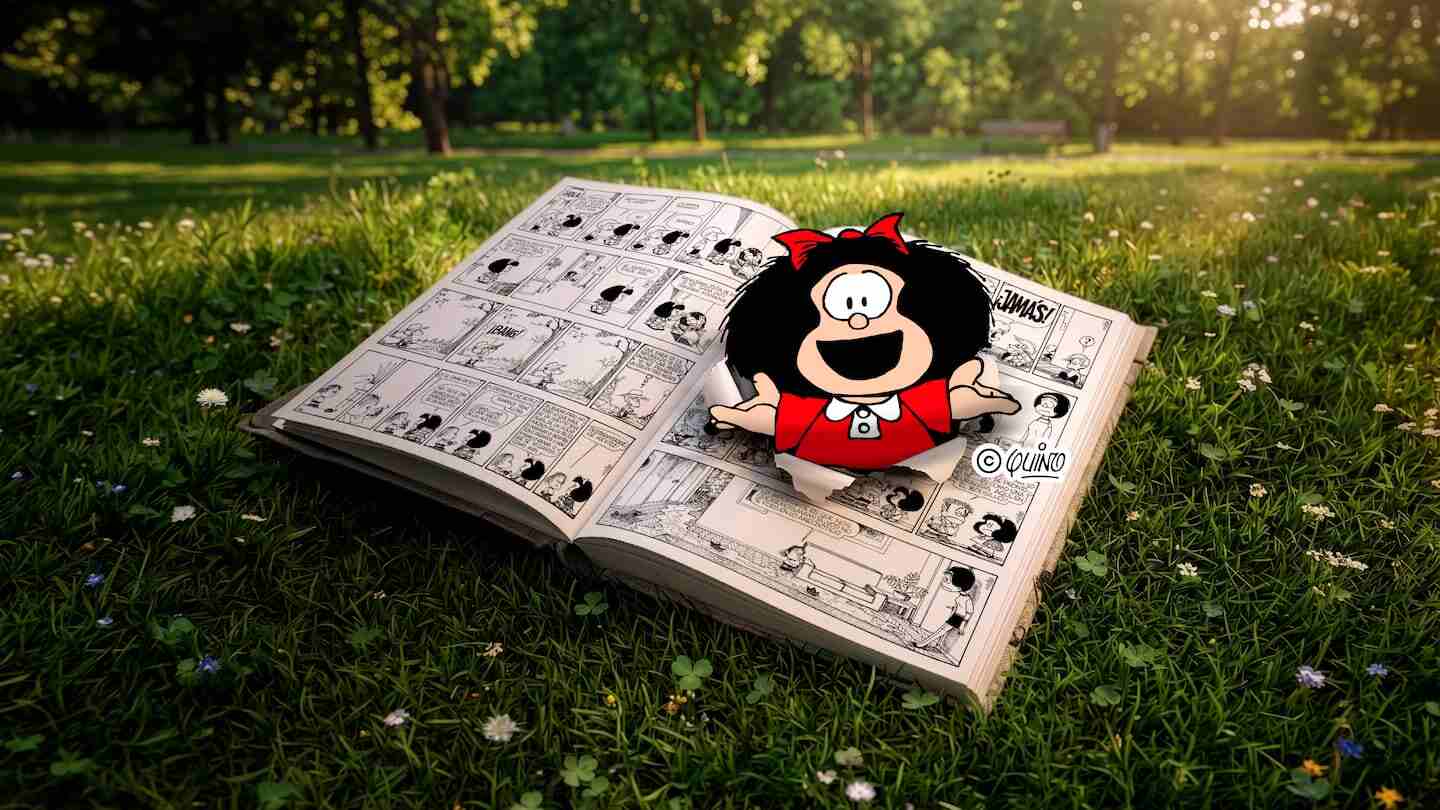 Mafalda emerge de un libro abierto sobre el césped, celebrando su 63 aniversario
