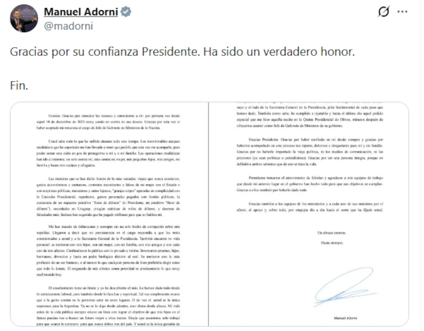 Carta de renuncia de Manuel Adorni como jefe de Gabinete dirigida al Presidente