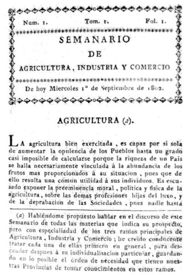 Portada del Semanario de Agricultura, Industria y Comercio de 1802