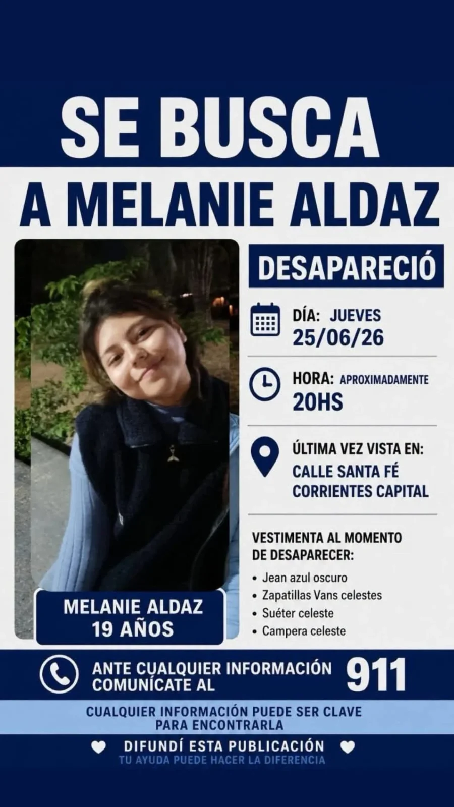 Cartel de búsqueda de Melanie Aldaz, joven desaparecida en Corrientes