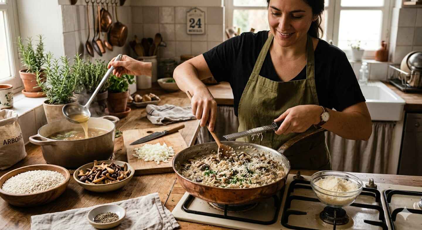 Mujer cocinando un plato saludable en una cocina con ingredientes frescos