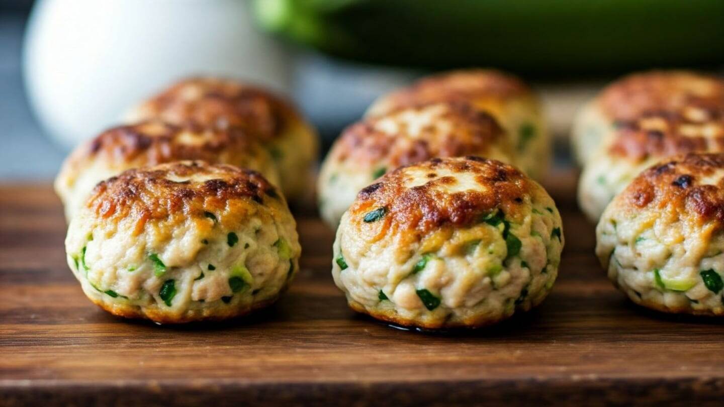 Bolas de masa horneadas con espinacas y queso sobre una tabla de madera