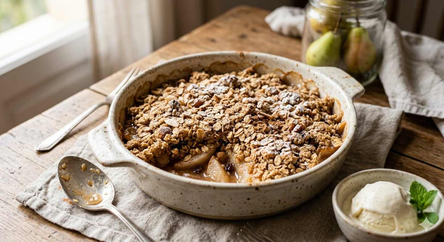 Crumble de peras con avena y helado en un plato sobre una mesa de madera
