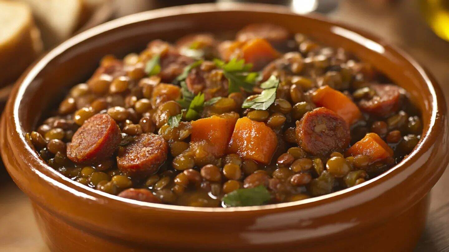 Guiso de lentejas con chorizo y zanahorias en un tazón de barro