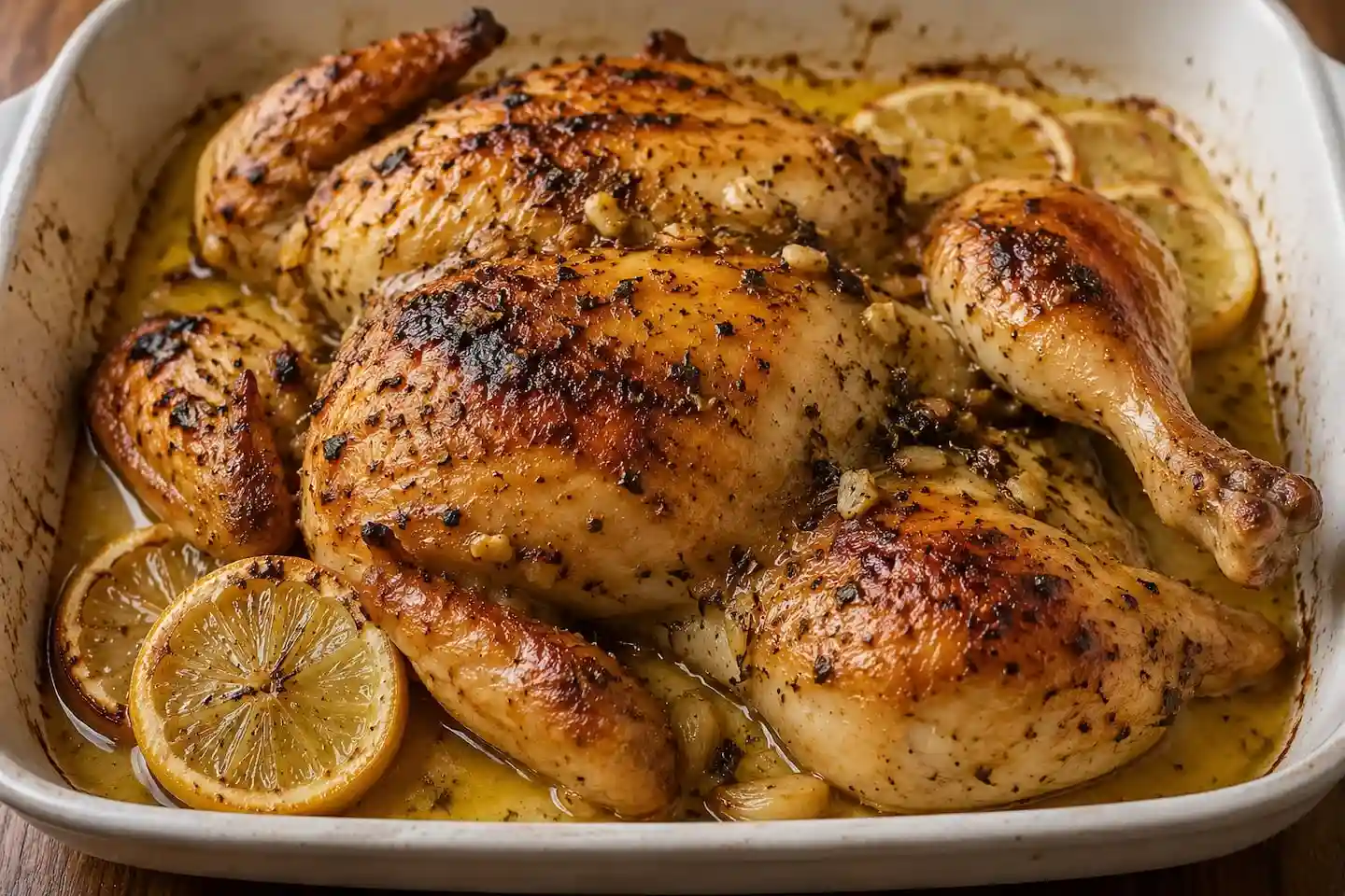 Pollo asado con rodajas de limón en una bandeja