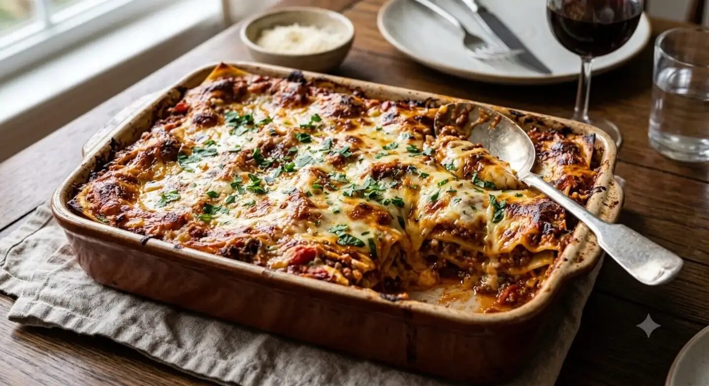 Lasaña casera gratinada con queso y perejil fresco