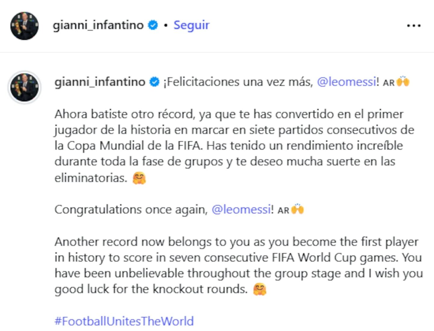 Gianni Infantino felicita a Lionel Messi por su récord en el Mundial 2026