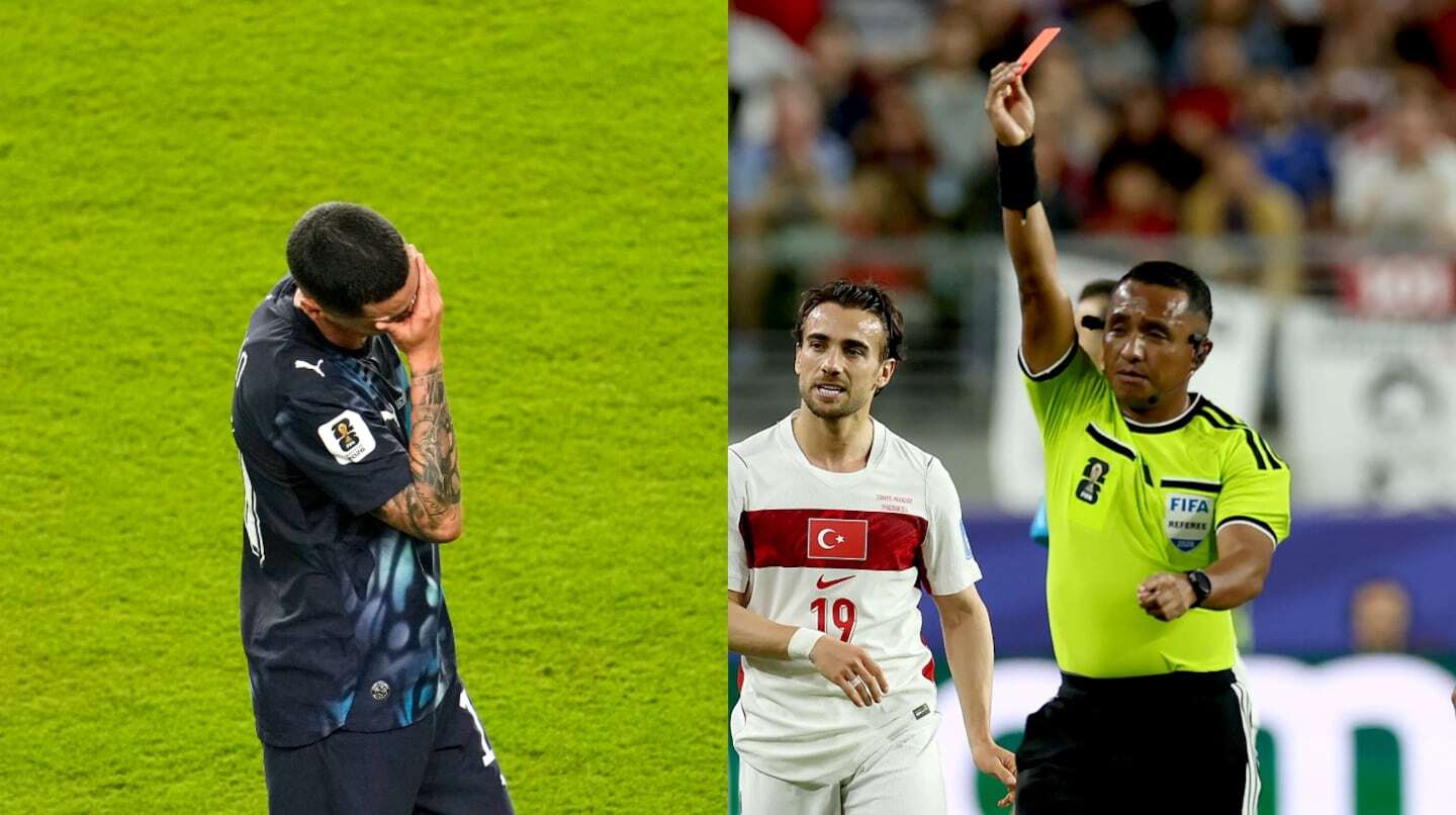 Miguel Almirón se cubre la boca mientras recibe una tarjeta roja en el Mundial 2026